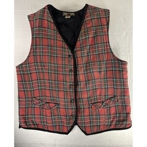 VTG Gloria Vanderbilt Plaid Tartan Vest L Quilted Lined Button Up 80s 90s Red